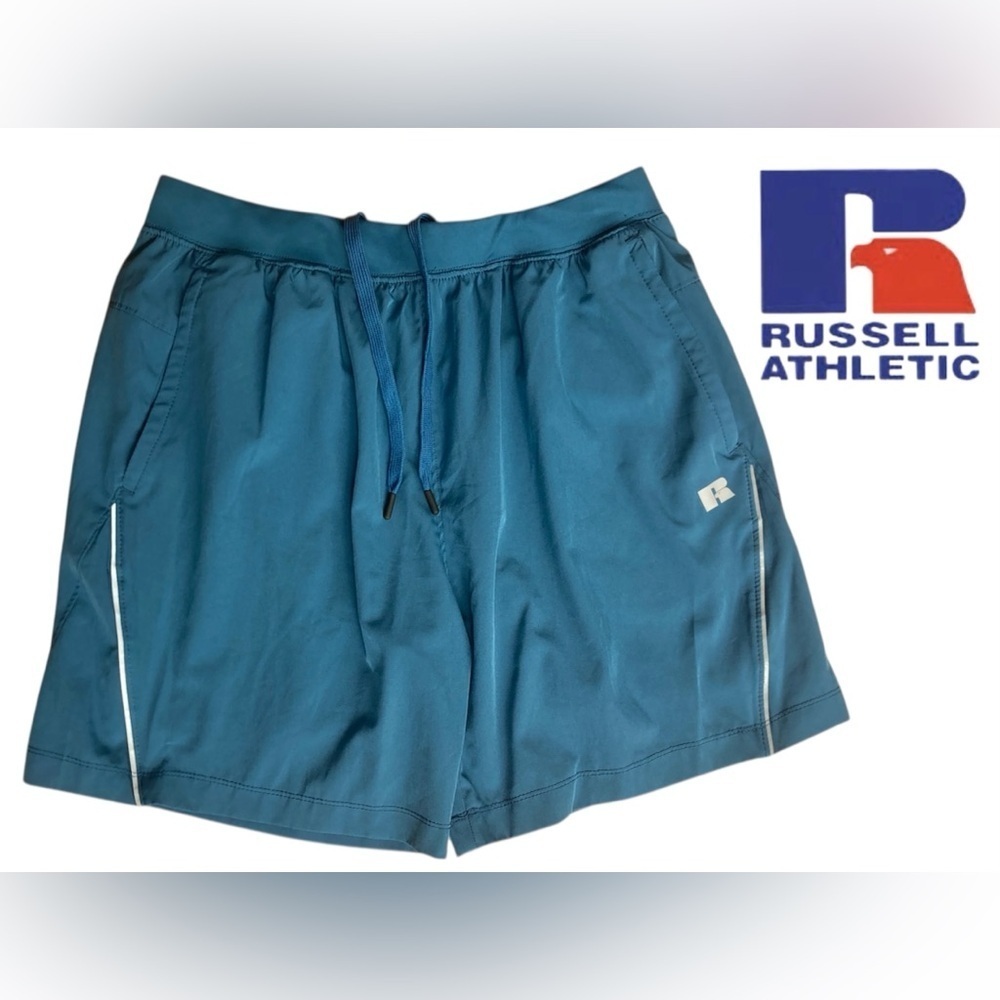Russell Athletic Mens Blue Short Size Large Drawstring Zipper Pocket Excellent